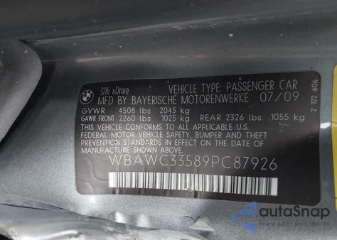 2009 BMW 328 Xi z USA, uszkodzony, nr VIN WBAWC33589PC87926